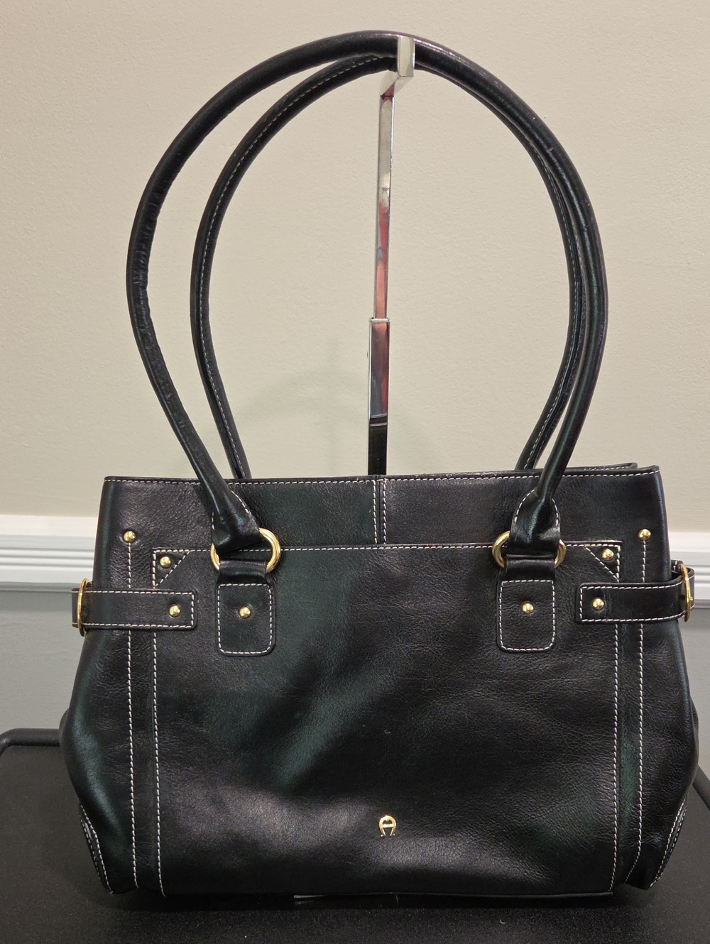Etienne Aigner Classic Black Leather Shouldee Tote Bag with Gold Accents
